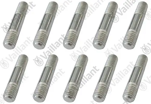 10 metallene Schrauben der Marke Vaillant, mit gewindeloser Mitte und Gewinde an beiden Enden, angeordnet in einem Raster.